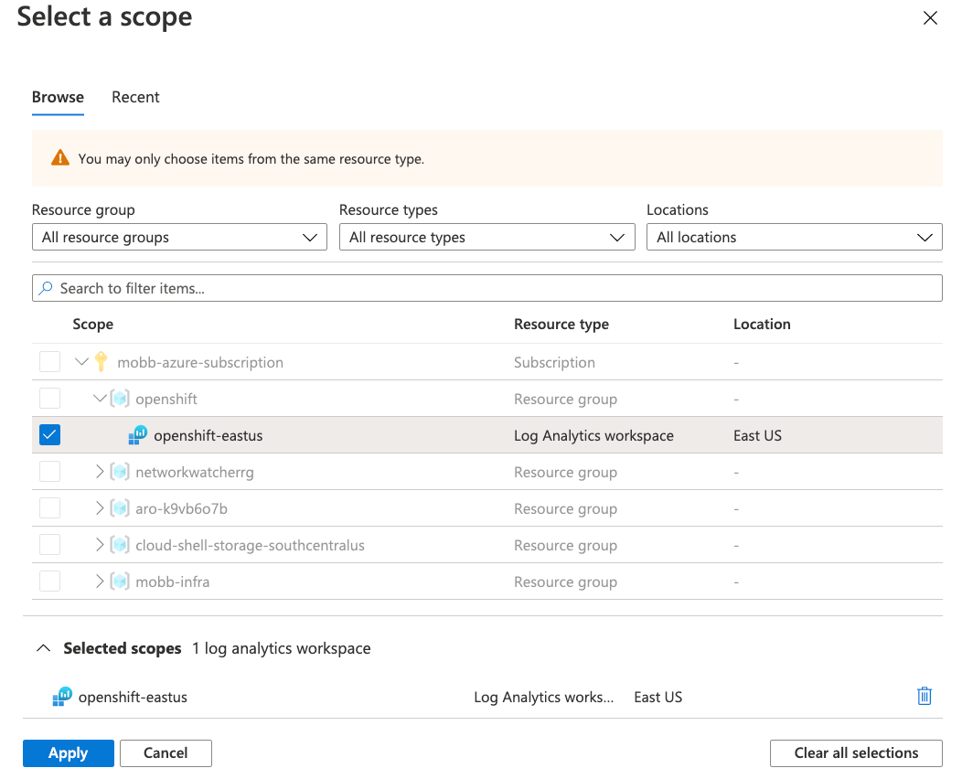 screenshot of scope selection