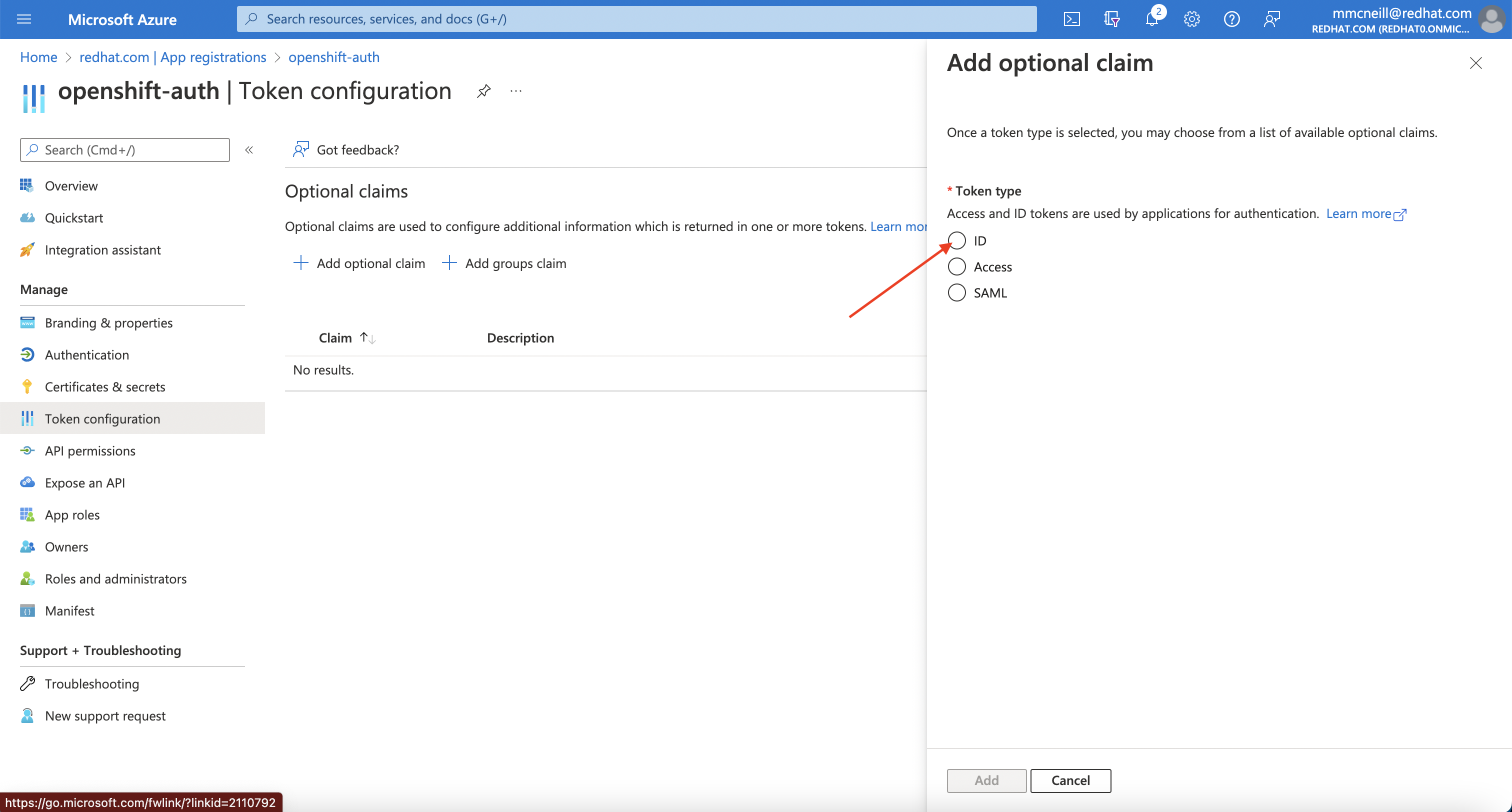 Azure Portal - Add Optional Claims - Token Type